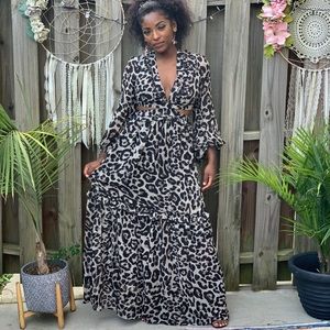 Animal Print Lace Up Back Maxi Dress